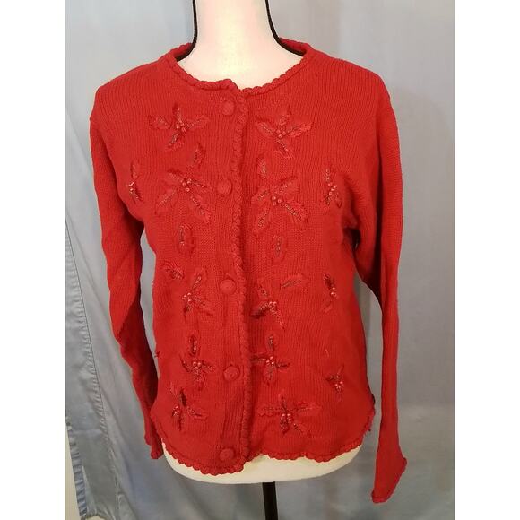 Victoria Jones petite; red  sweater with flowers - Picture 1 of 6